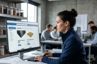 Professionnelle consultant un site e-commerce de matériaux composites sur ordinateur en open space industriel