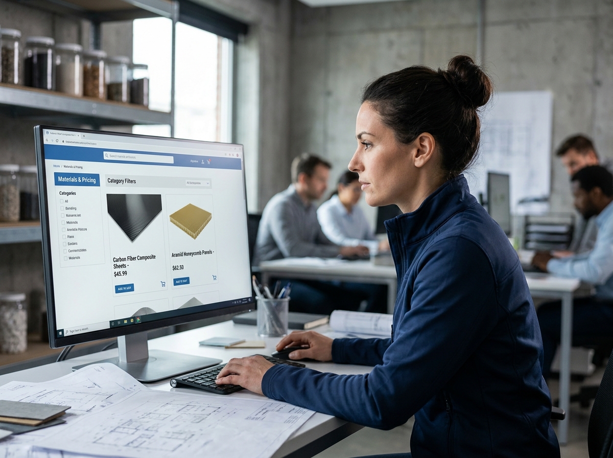 Professionnelle consultant un site e-commerce de matériaux composites sur ordinateur en open space industriel