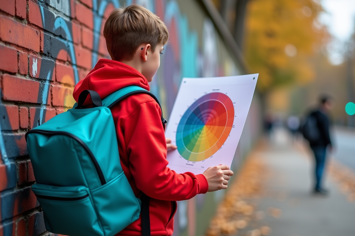 Adolescent regardant un poster de roue des couleurs devant un mur