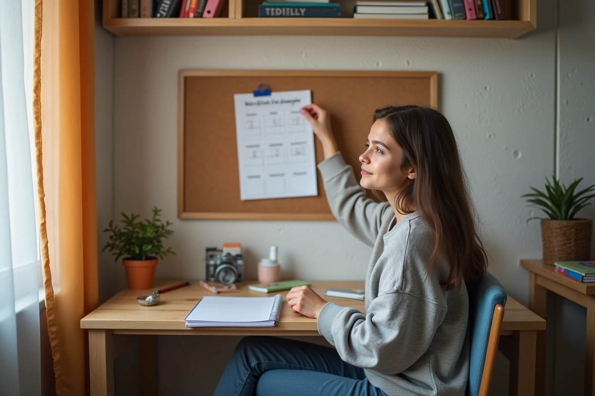 Adolescente fixant un organisateur sur un tableau dans sa chambre