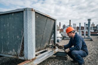 Technicien inspectant un aérocondenseur industriel sur un toit plat en milieu urbain