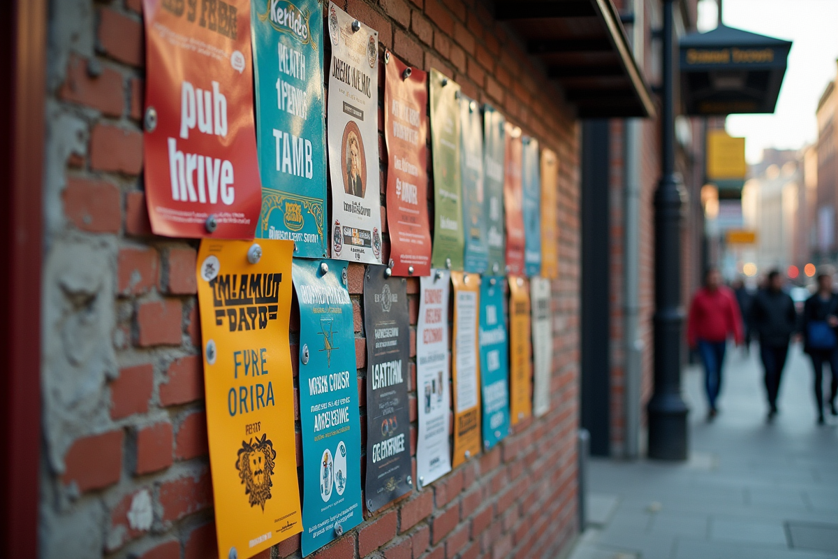 Affiches colorées sur un mur de briques dans une rue urbaine
