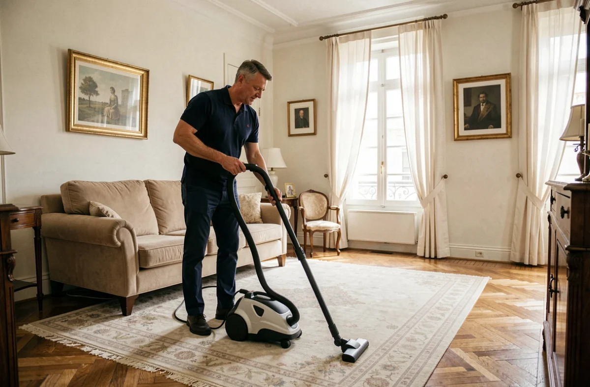 Agent d'entretien passant l'aspirateur dans un salon d'une maison à Montauban