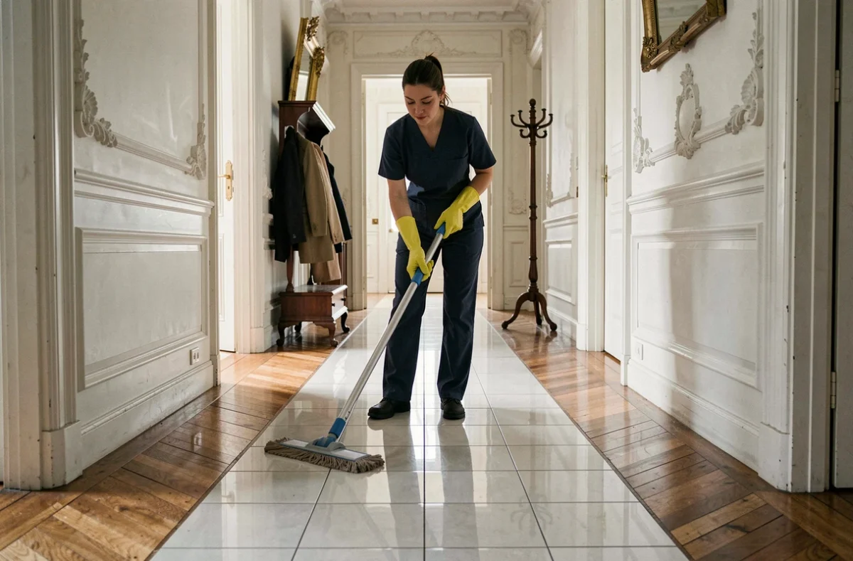 Aide ménagère professionnelle en uniforme sombre en train de laver le sol d'un couloir d'appartement parisien haussmannien