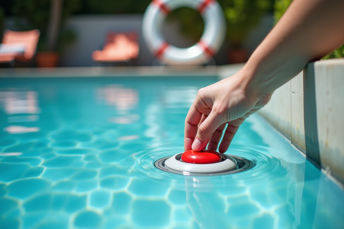 Main appuyant sur alarme de piscine avec equipement de securite