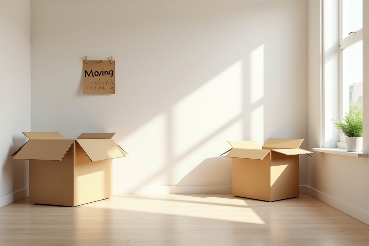 Appartement vide avec cartons et calendrier de déménagement