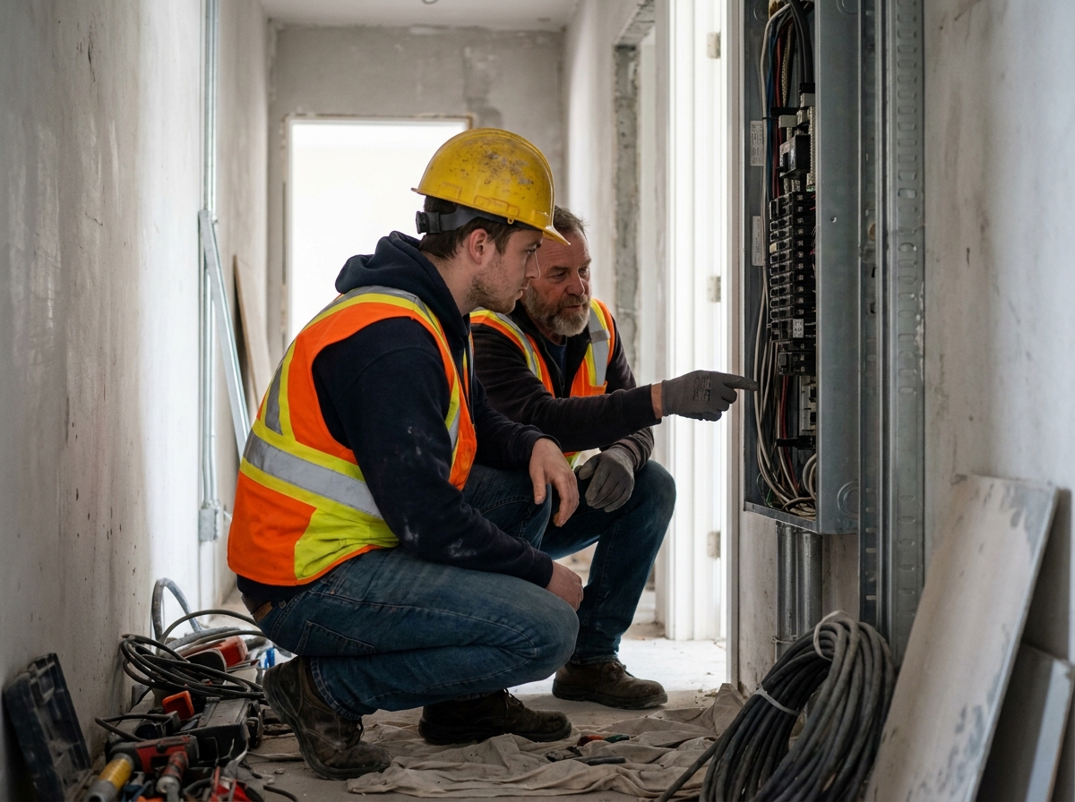 Jeune homme en apprentissage electricien observant un professionnel lors d'une visite de chantier dans le cadre d'une reconversion professionnelle