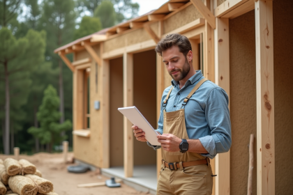 Jeune architecte examine des poutres en bois écologique sur un chantier durable
