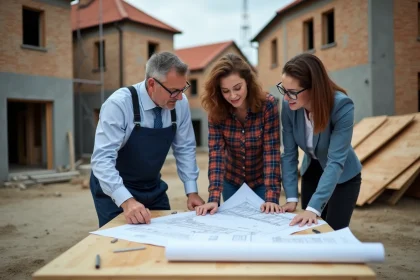 Architecte et couple sur chantier en planification