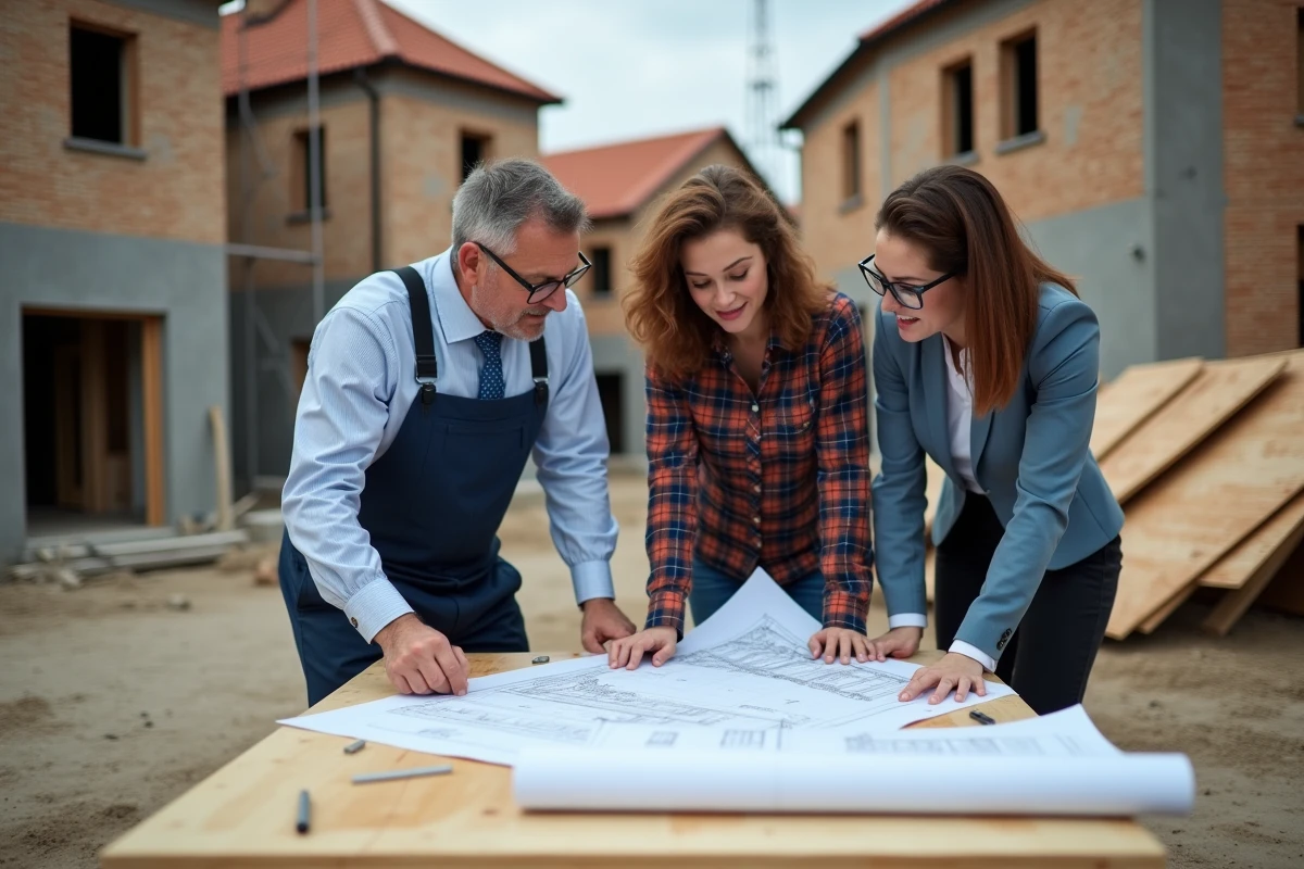 Architecte et couple sur chantier en planification