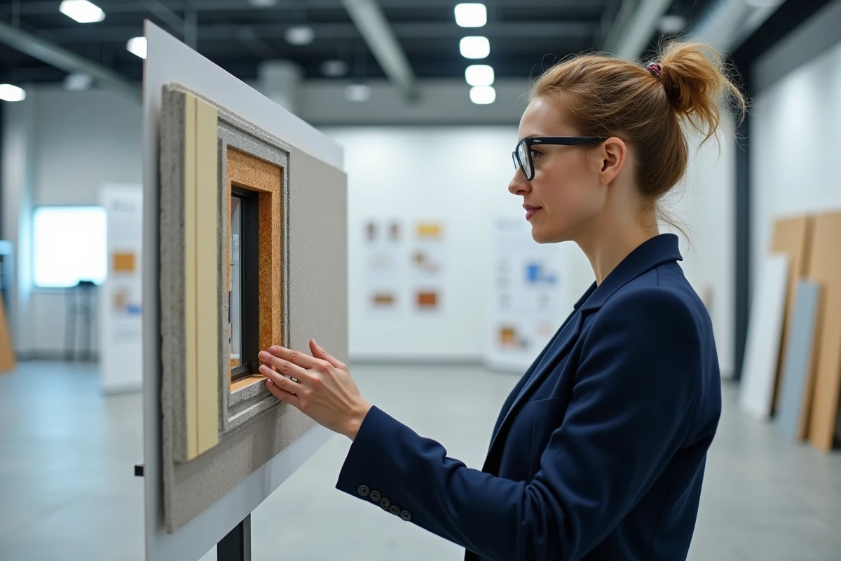 Architecte examinant une maquette de cloison demi-stil avec isolation thermique autour d'une fenêtre dans un showroom