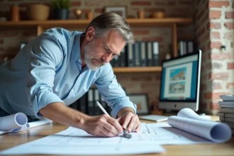 Architecte mesurant la pente d'un toit sur un plan de rénovation avec un rapporteur métallique dans un bureau professionnel