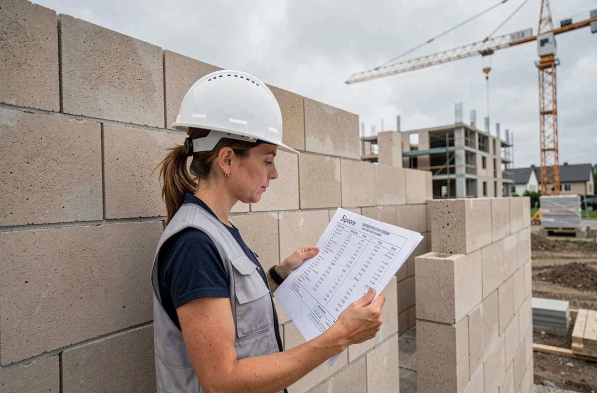 Architecte femme analysant des documents de prix de matériaux devant un mur en Siporex sur un chantier