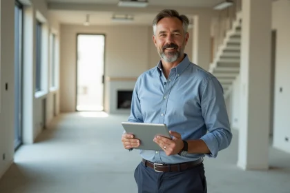 Architecte homme avec tablette dans un int&eacute;rieur en construction