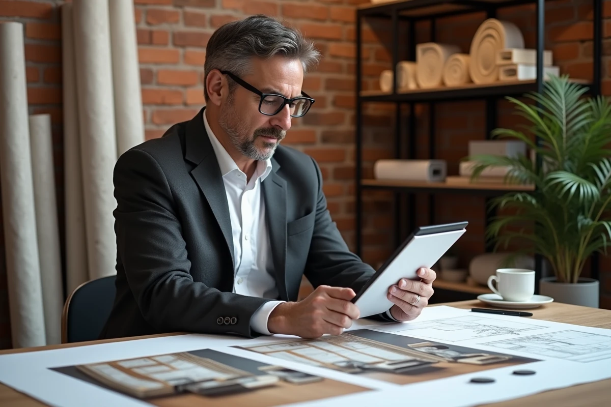 Architecte consultant des rendus 3D réalistes d'intérieur maison sur tablette et impressions papier