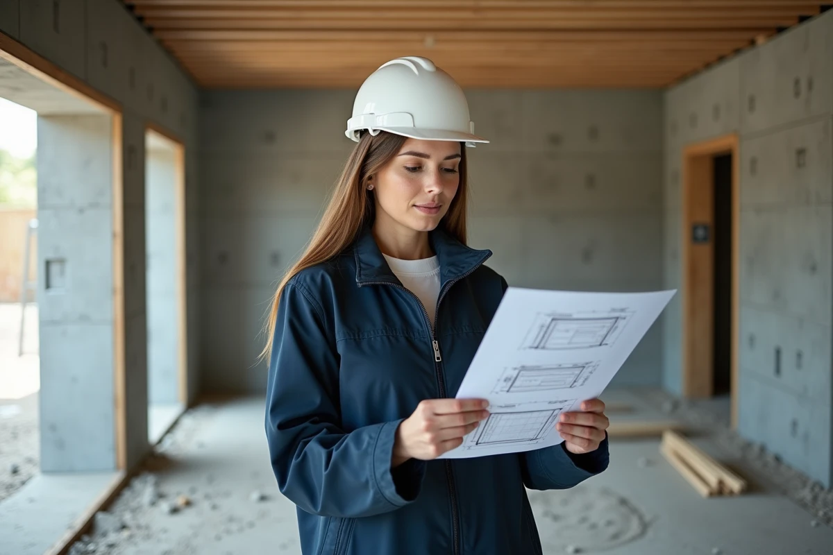 Architecte féminine consultant un tableau de dimensions de parpaings devant un mur en construction