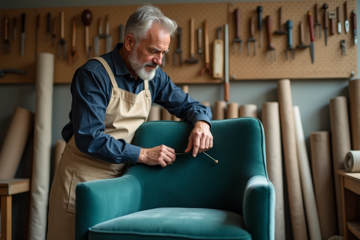 Artisan tapissier rénovant un fauteuil Voltaire en velours bleu dans son atelier