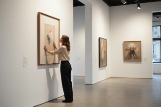 Femme dans une galerie moderne accrochant une peinture abstraite