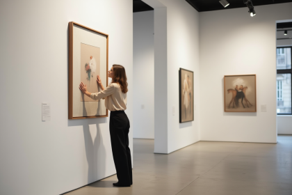Femme dans une galerie moderne accrochant une peinture abstraite