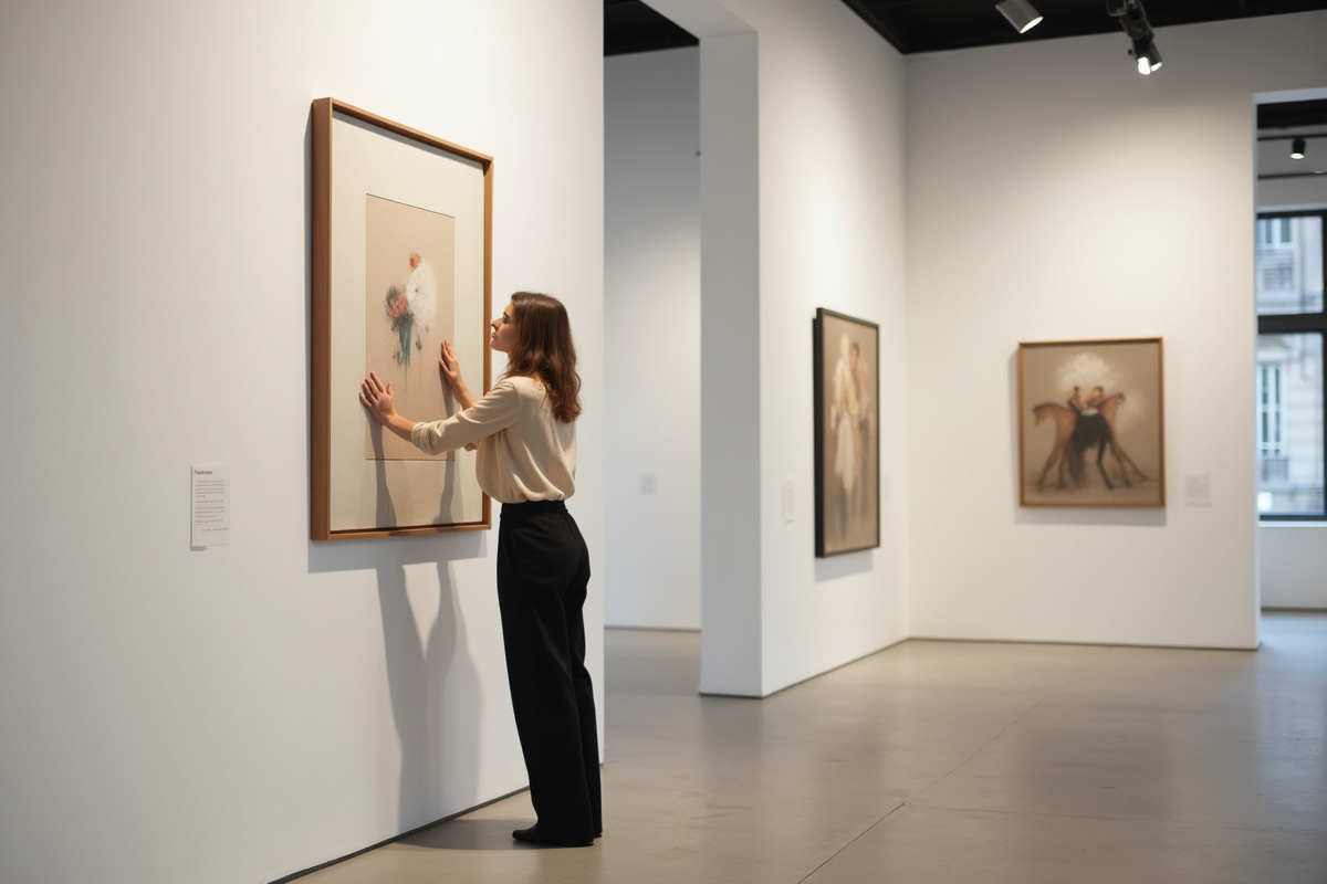Femme dans une galerie moderne accrochant une peinture abstraite