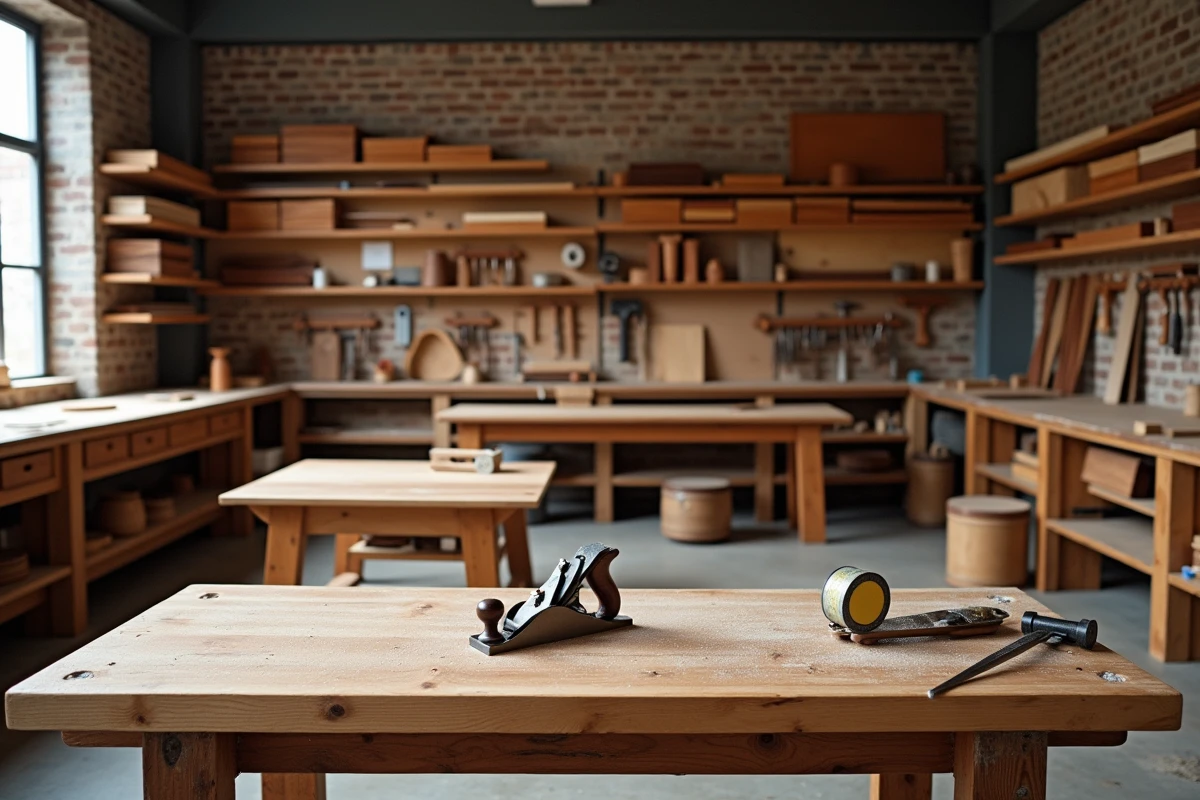 Vue intérieure d'un atelier de menuiserie avec des meubles en bois massif et panneaux contreplaqués exposés