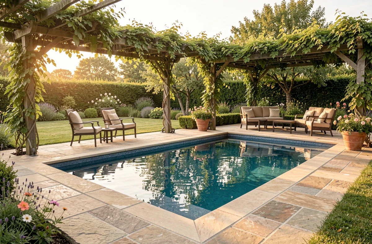 Piscine intégrée avec terrasse carrelée et pergola dans un jardin aménagé par Bati Confort Service