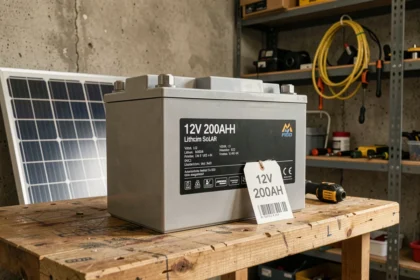 Batterie solaire 12V 200Ah posée sur un établi de garage avec une étiquette de prix et un panneau solaire en arrière-plan