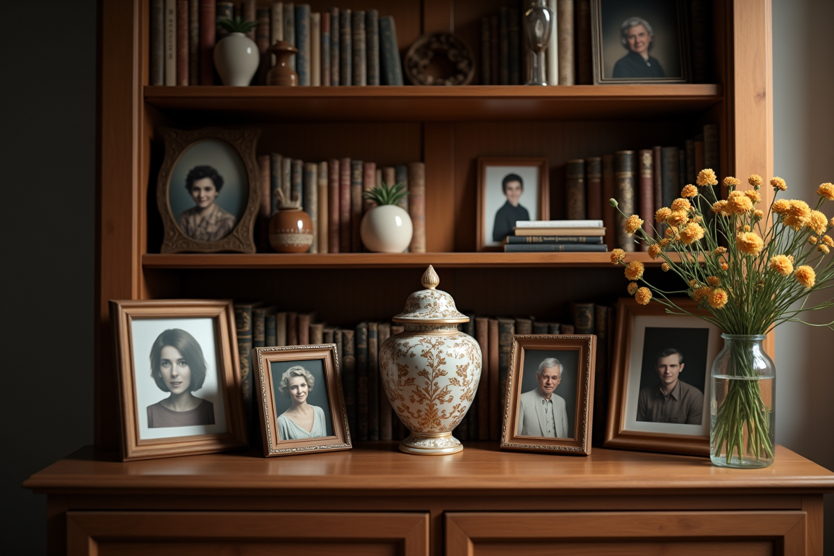 Bibliothèque en bois avec urne et portraits souvenirs