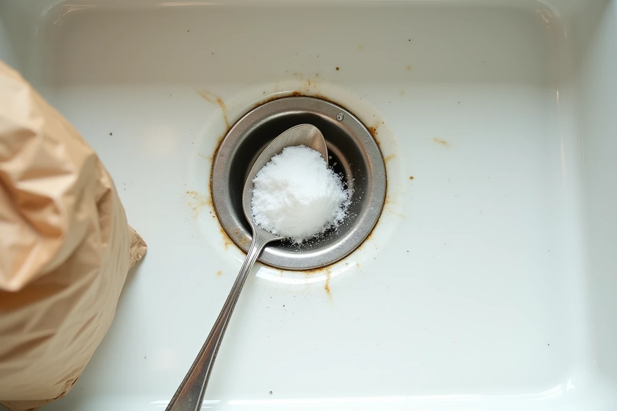 Gros plan sur du bicarbonate de soude versé sur la bonde d'un évier pour un débouchage naturel et efficace