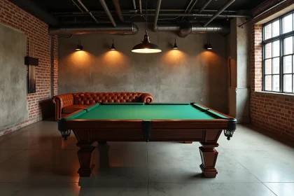Billard américain taille standard installé dans un loft industriel avec murs en briques et sol en béton ciré
