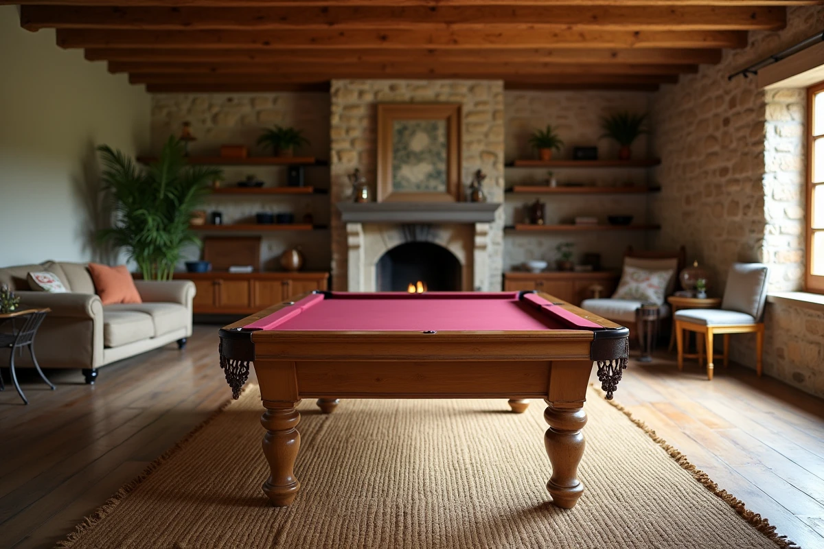 Table de billard américain en bois chêne dans un salon de maison de campagne avec cheminée et poutres apparentes