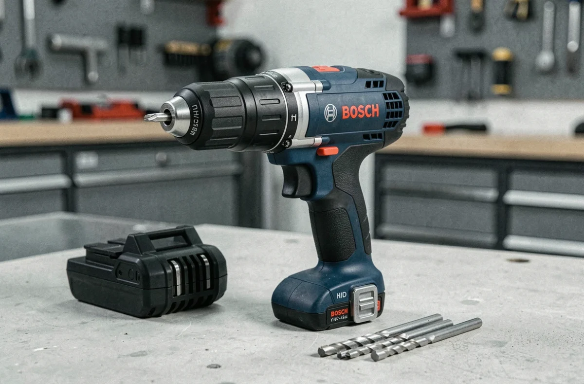 Visseuse à percussion Bosch EasyImpact 18V-40 en bleu et noir posée sur béton avec batterie et forets à percussion