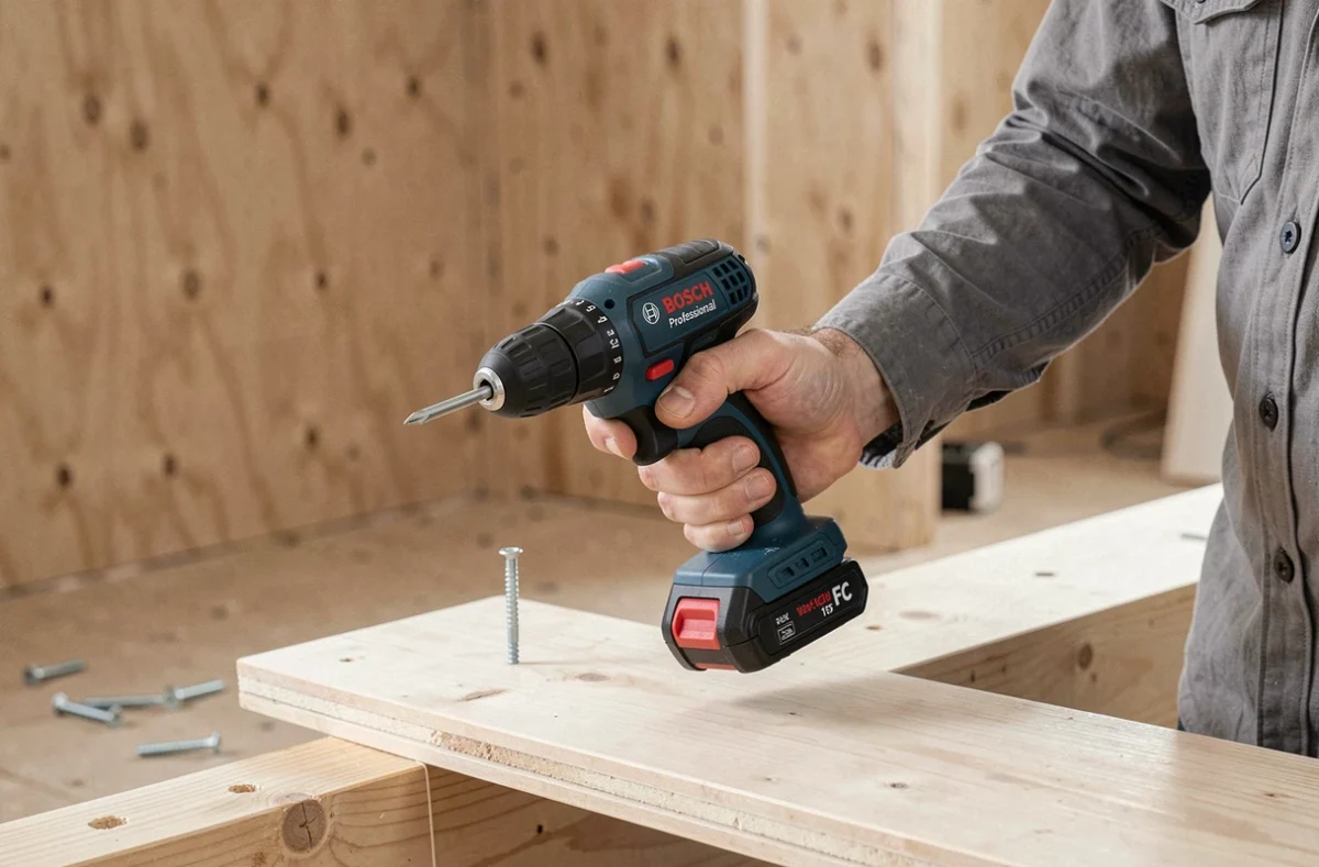 Visseuse compacte Bosch Professional GSR 12V-15 FC tenue dans une main au-dessus d'un panneau en bois dans un chantier de rénovation