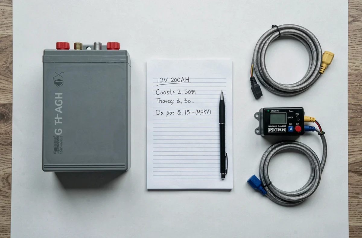 Vue de dessus d'une batterie solaire 12V 200Ah avec cahier de calcul de budget et accessoires sur un bureau