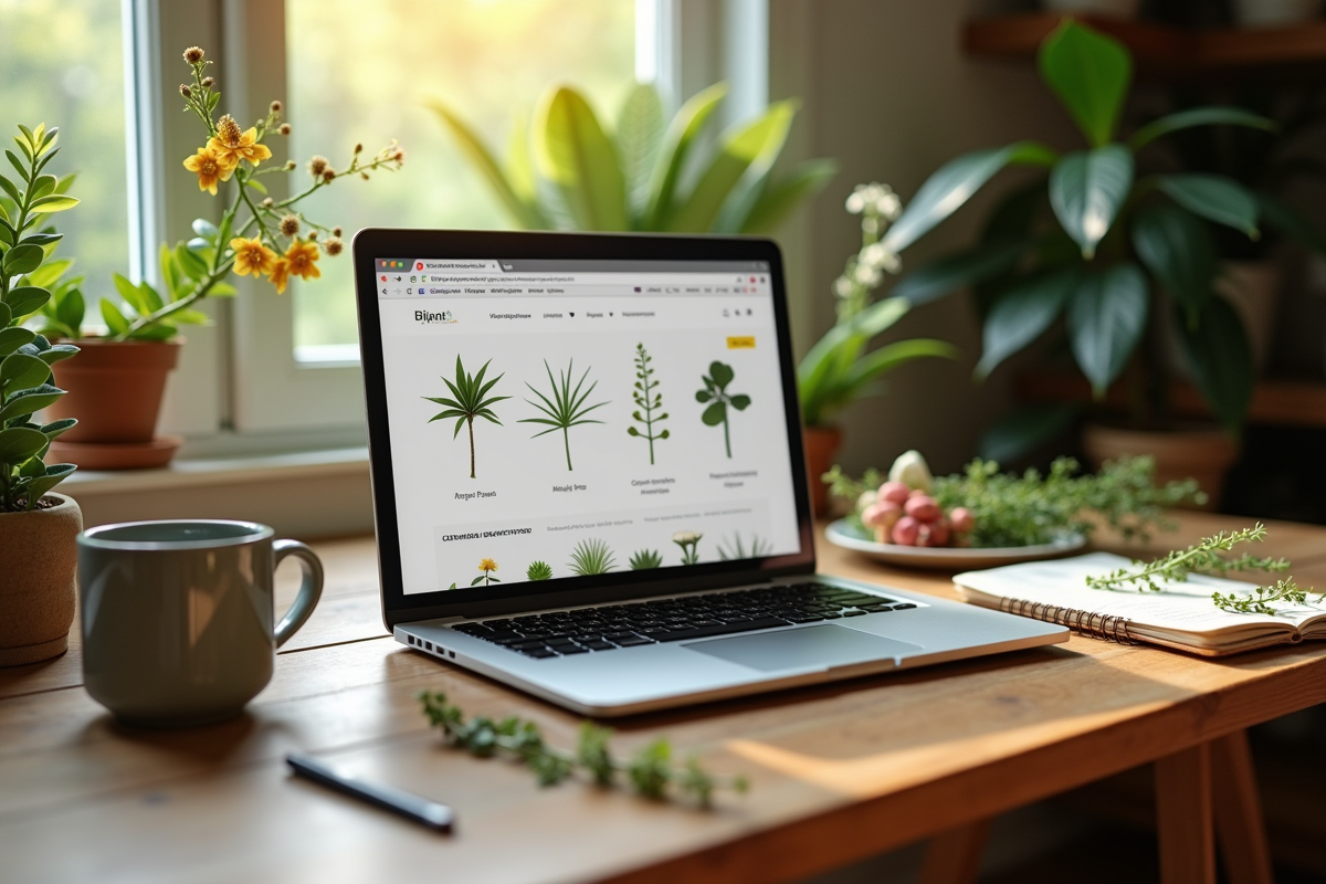 Bureau à la maison avec ordinateur et plantes fraîches