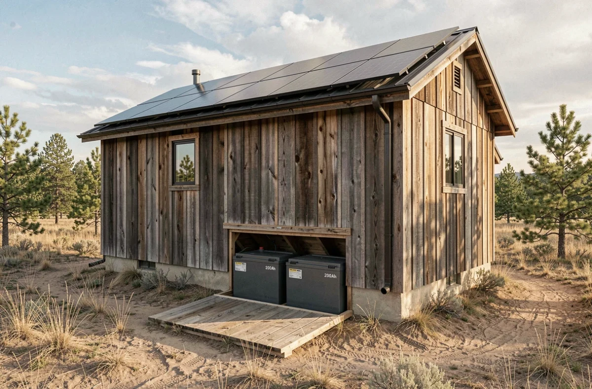 Cabane hors réseau avec batteries solaires 200Ah et panneaux photovoltaïques visibles en milieu rural