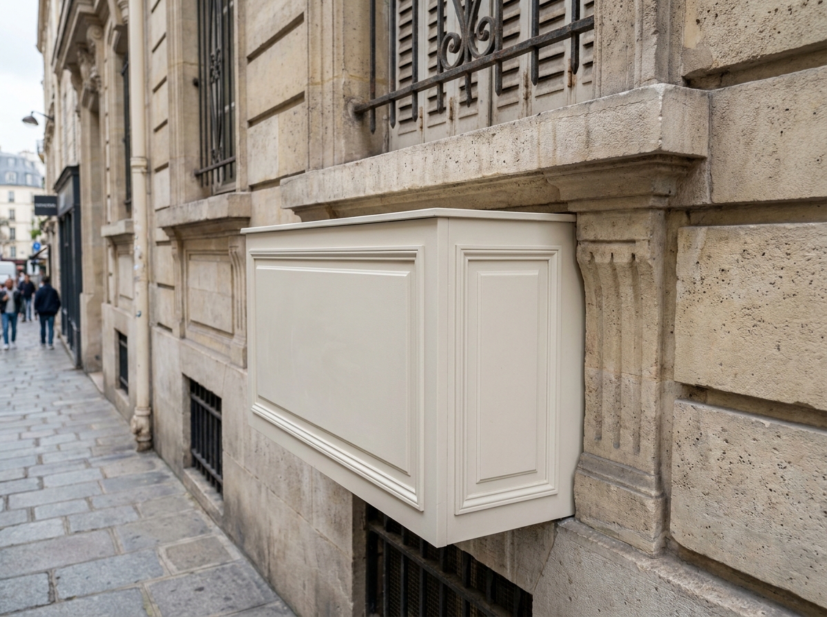 Cache climatiseur en pierre de composition intégré à la façade haussmannienne pour préserver le style architectural parisien