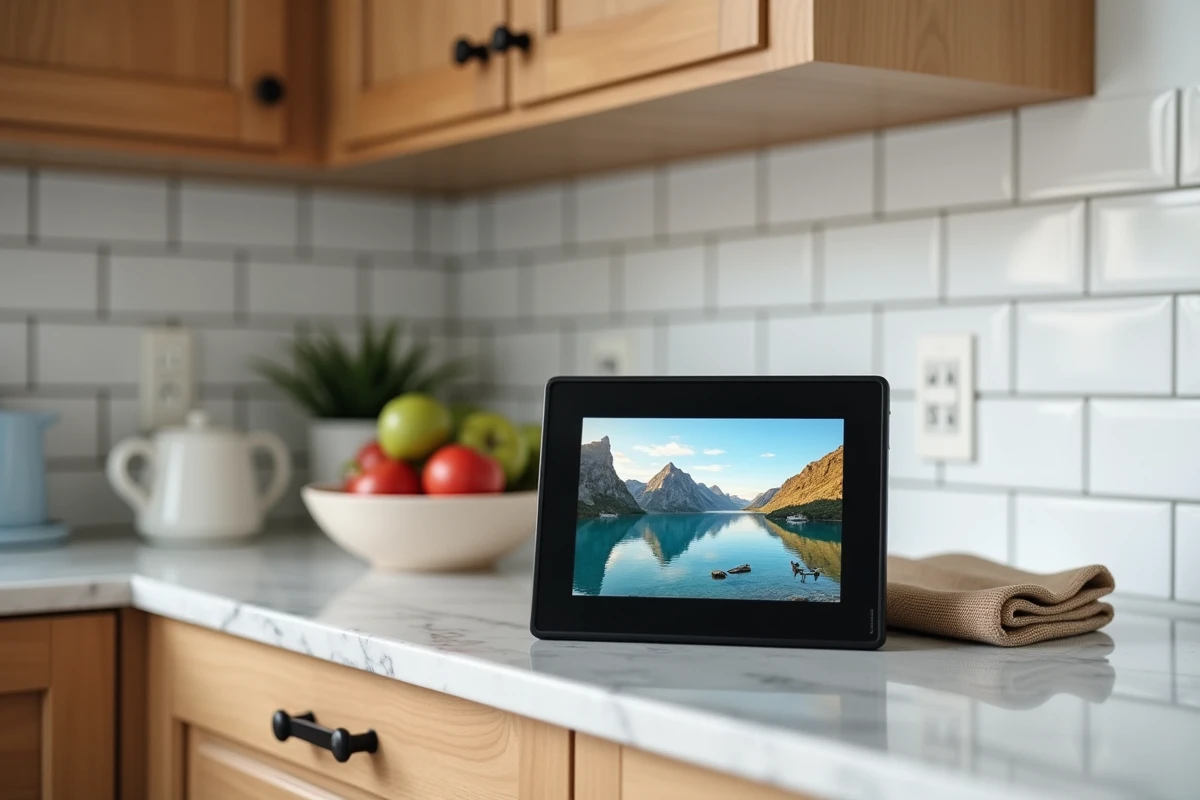 Cadre photo numérique sur le plan de travail d'une cuisine de location Airbnb avec décoration soignée
