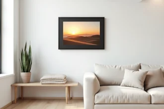 Cadre photo numérique accroché dans un salon Airbnb minimaliste avec décoration neutre et plante verte