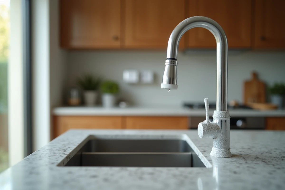 Robinet de cuisine chromé avec dépôts de calcaire blanc visibles, illustrant le problème du calcaire dans l'eau du robinet