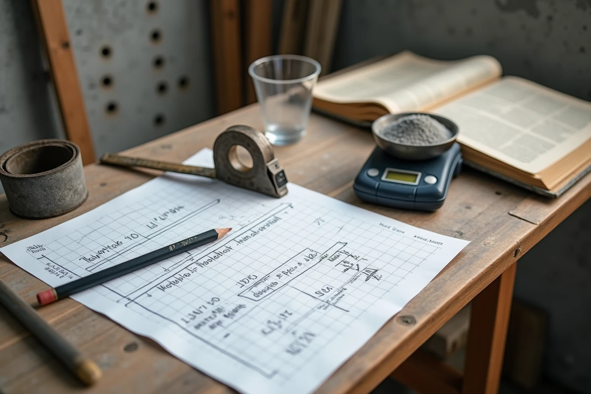 Calculs de dosage mortier écrits à la main sur papier millimétré avec outils de mesure