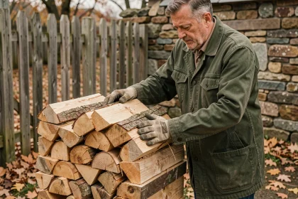 Homme empilant du bois de chauffage en stère dans un jardin rural pour calculer le volume en mètres cubes