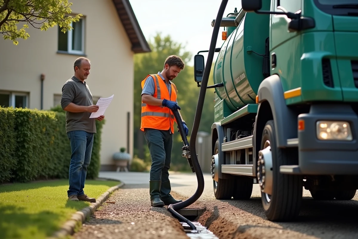 Camion de vidange fosse septique et technicien remettant un devis à un propriétaire