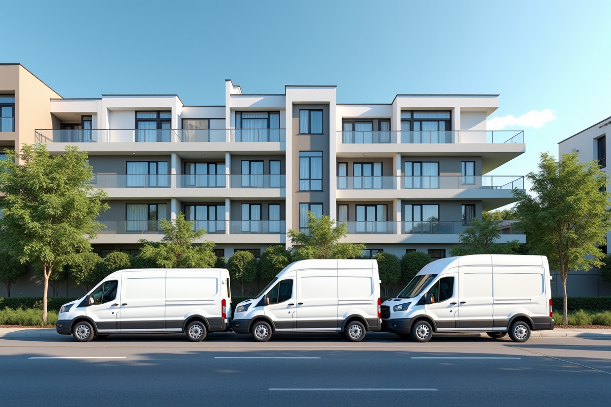 Rue urbaine avec trois camions de tailles différentes en journée claire