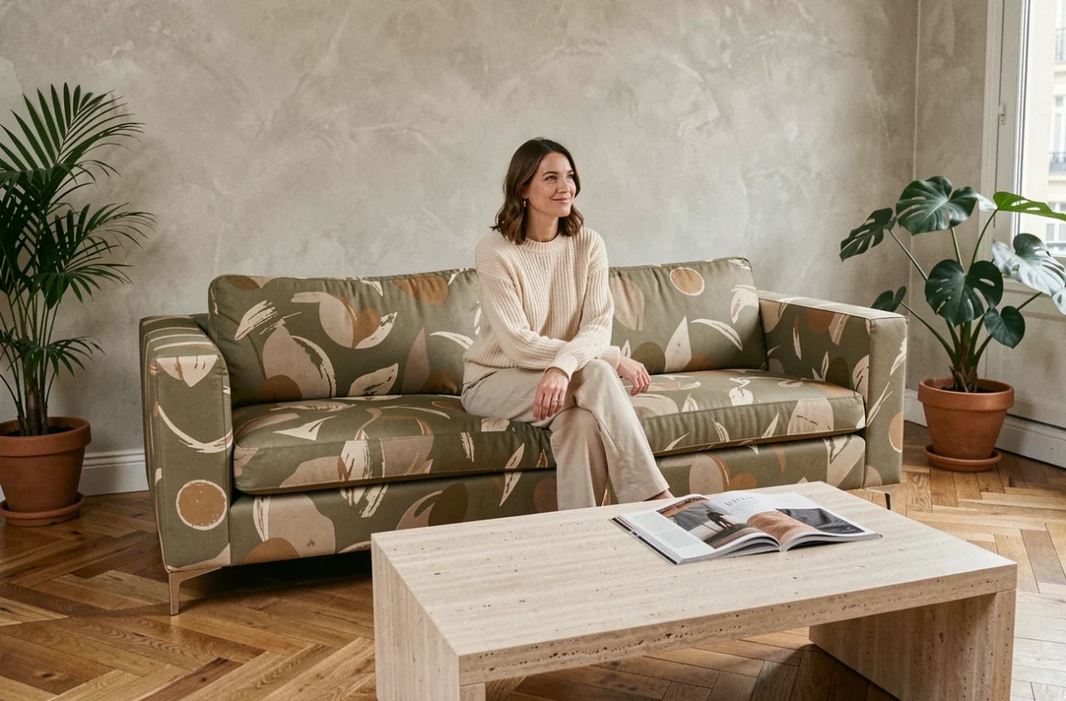 Canapé tapissé en tissu enduit motif abstrait dans un appartement parisien contemporain tendance 2026