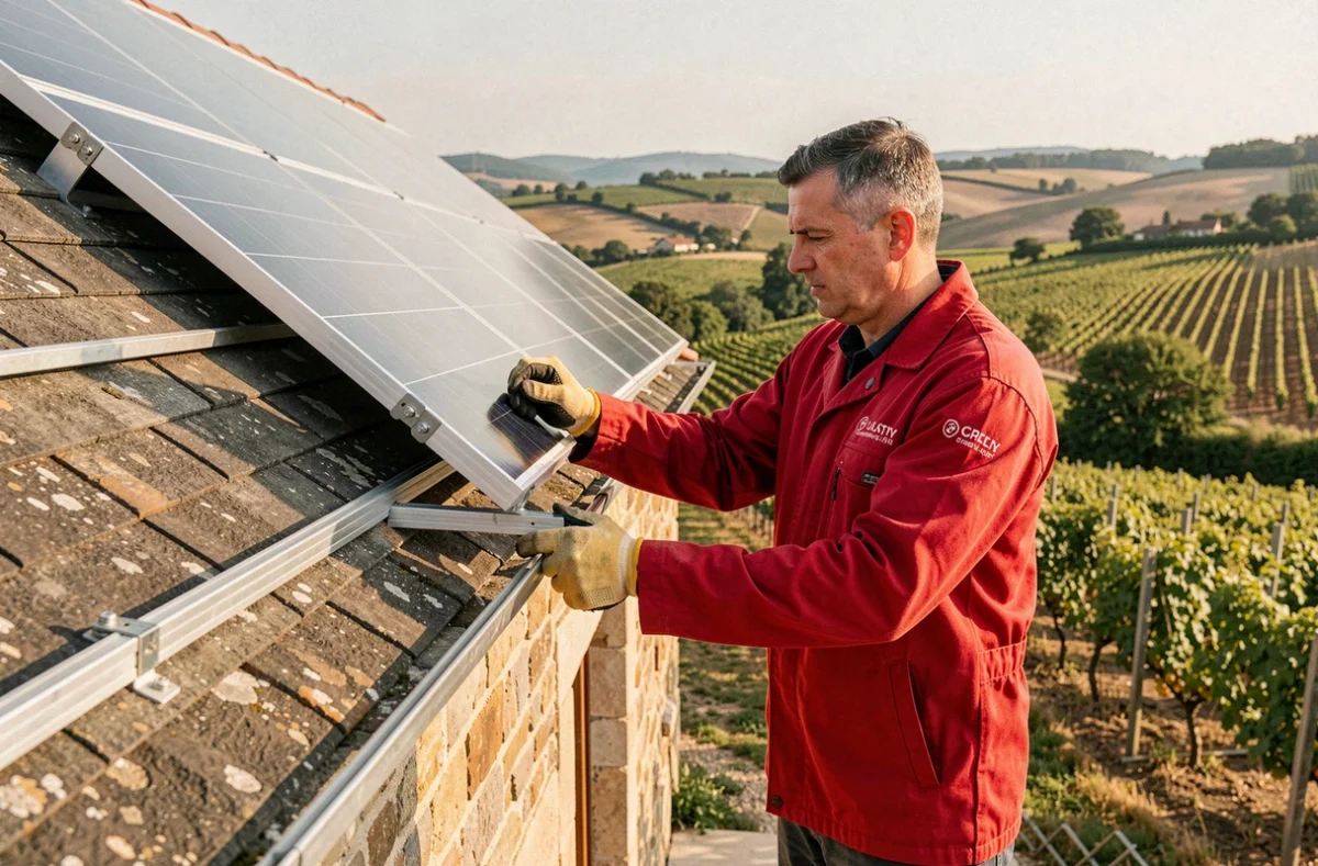 Technicien Cap Soleil Énergie ajustant les supports de panneaux solaires sur le toit d'une ferme en pierre avec des vignes en arrière-plan en Haute-Garonne
