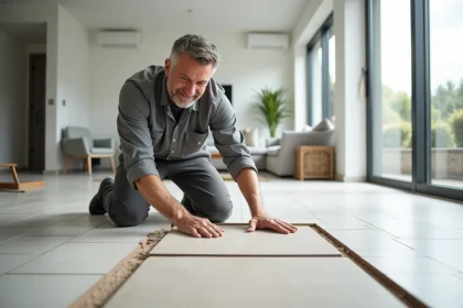 Carreleur professionnel pose un carrelage au sol