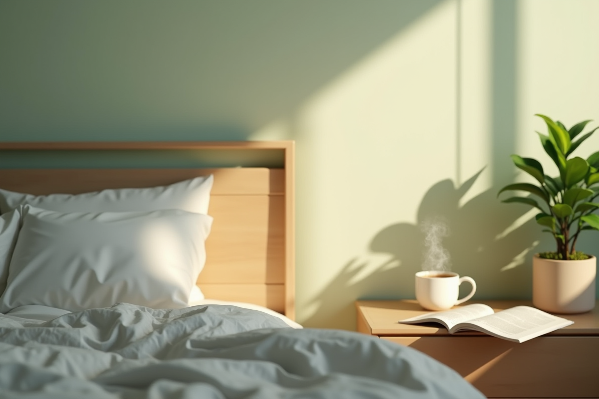 Chambre minimaliste avec plante et livre ouvert