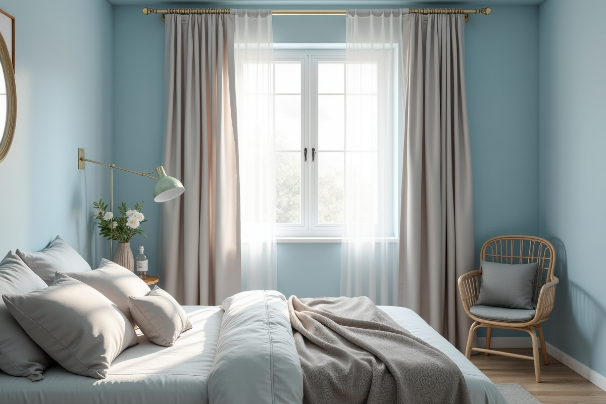 Chambre cosy avec rideaux gris et lumière naturelle