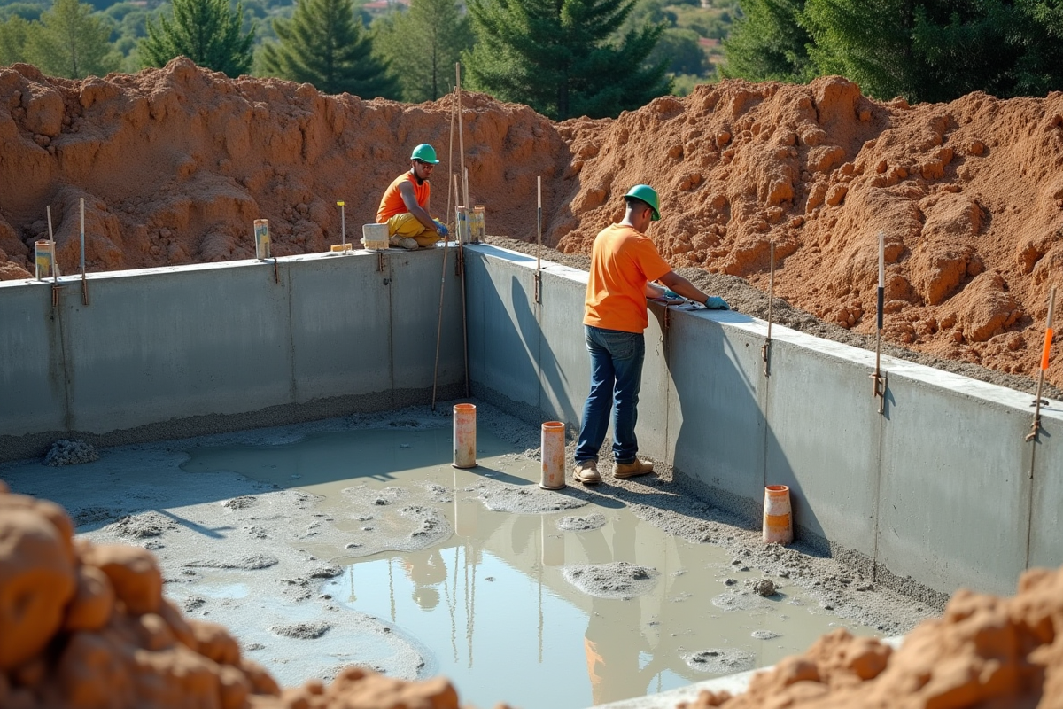 Travailleurs construisant une piscine en béton avec outils et sécurité